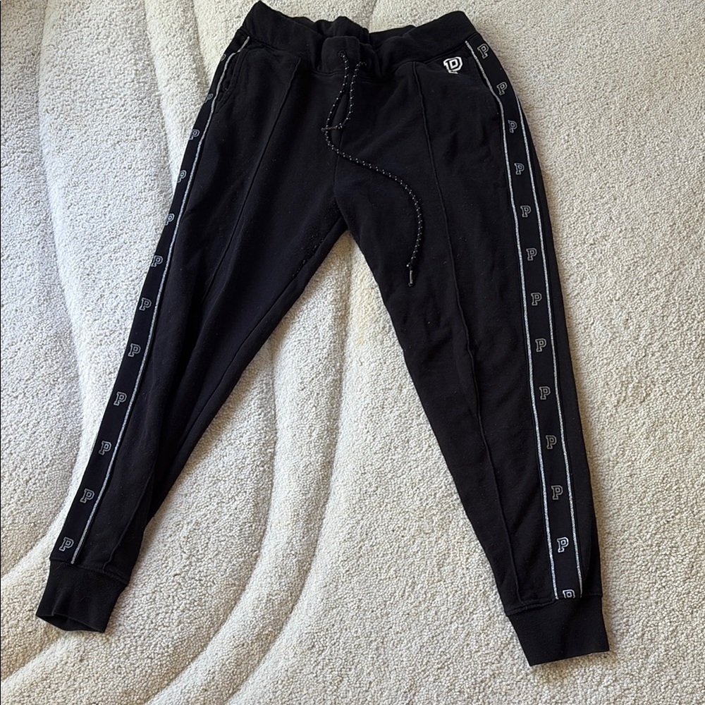 Victoria Secrets/Pink Black Joggers with silver Logo Side Detail